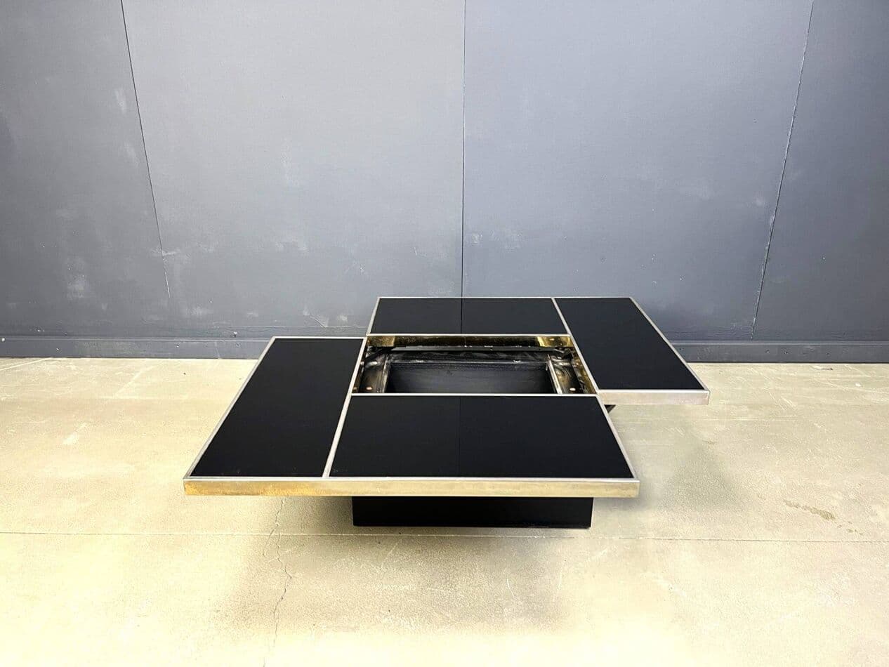 Coffee Table with Bar, black wood, brass, Belgium, 1970s. - 273930