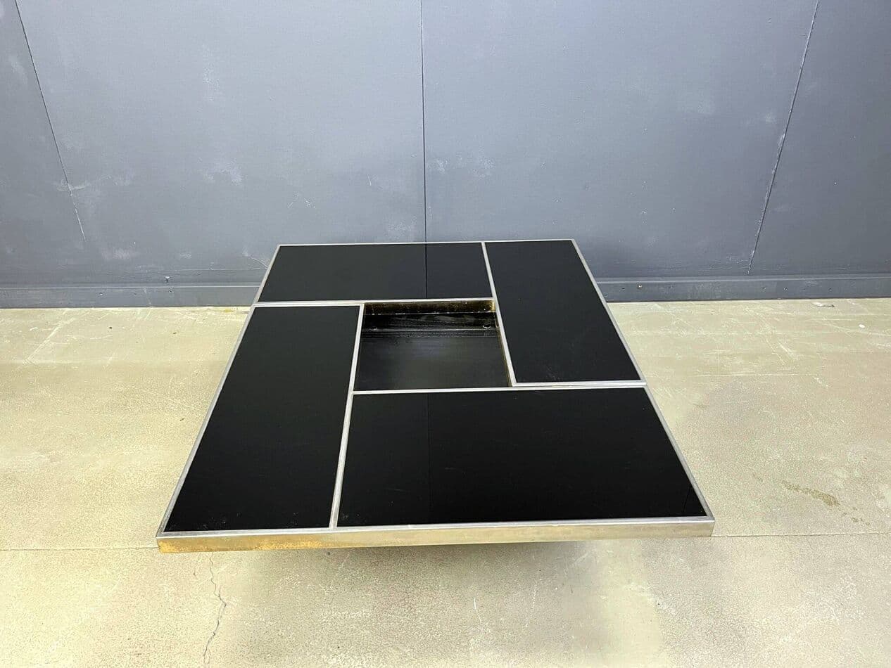 Coffee Table with Bar, black wood, brass, Belgium, 1970s. - 273931