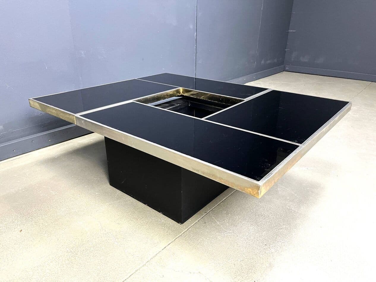 Coffee Table with Bar, black wood, brass, Belgium, 1970s. - 273922
