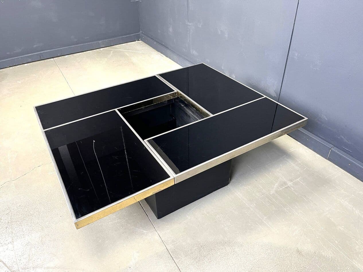 Coffee Table with Bar, black wood, brass, Belgium, 1970s. - 273934