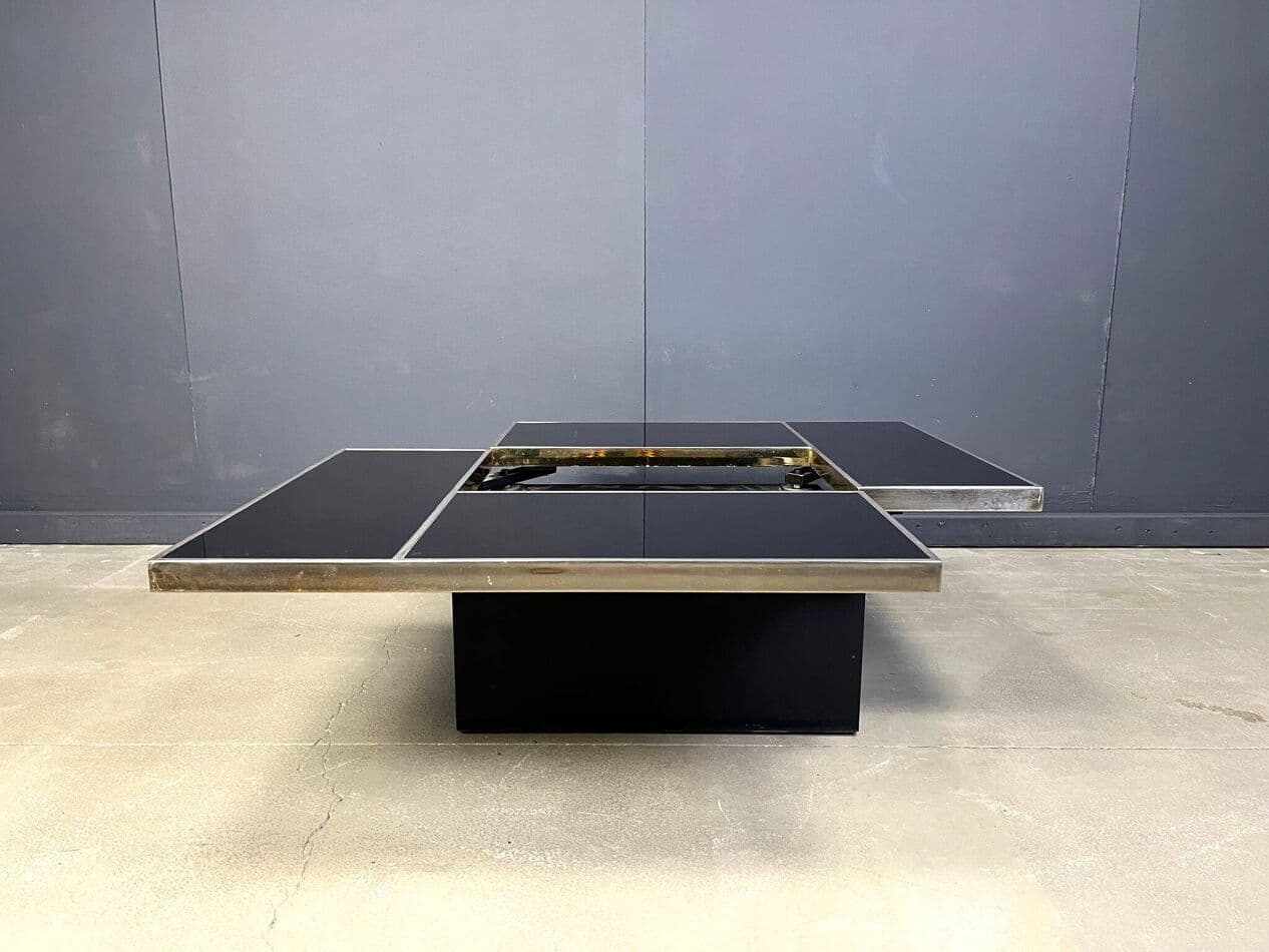 Coffee Table with Bar, black wood, brass, Belgium, 1970s. - 273927