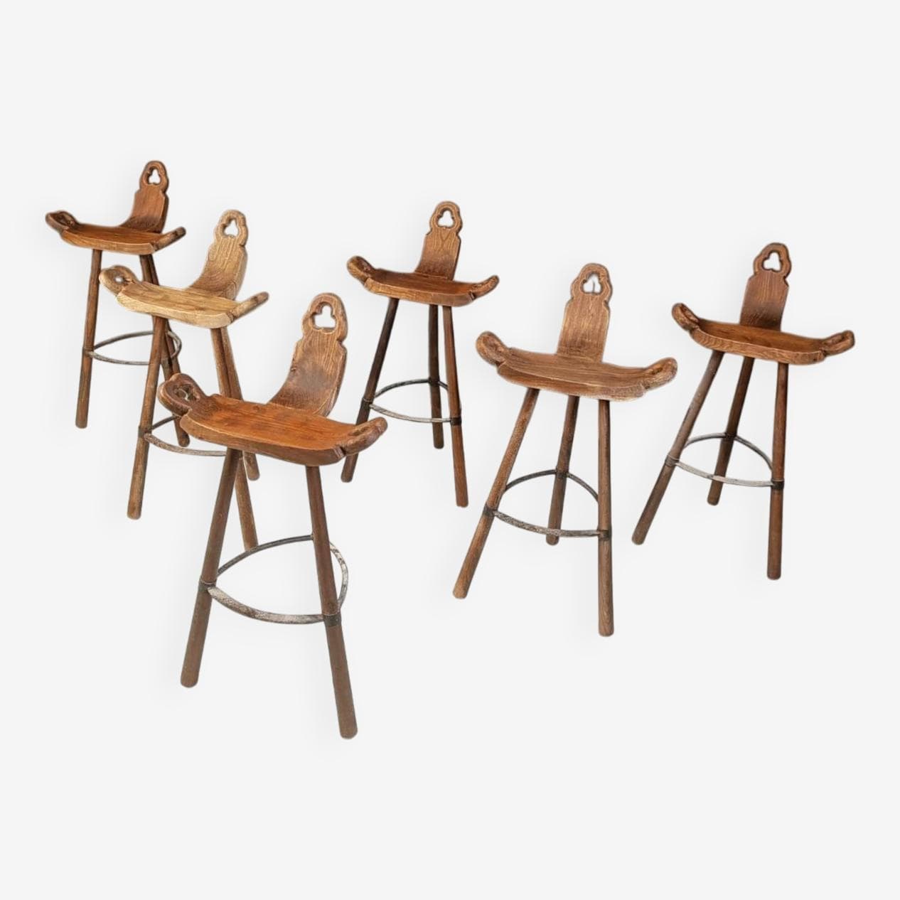 Zestaw sześciu stołków barowych brutalistycznych, drewno brązowy, Hiszpania, lata 60. - 273912