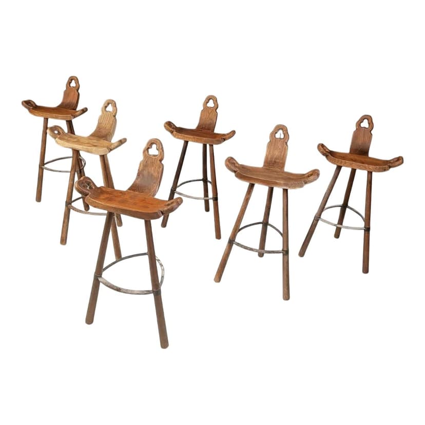 Zestaw sześciu stołków barowych brutalistycznych, drewno brązowy, Hiszpania, lata 60.