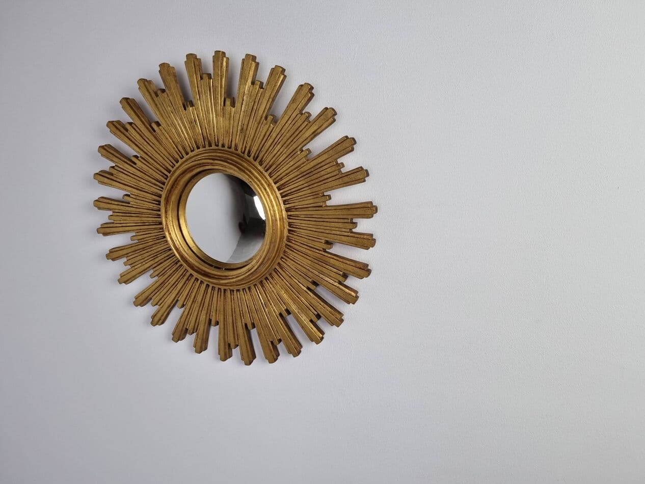 Sunburst mirror Ø55 cm, gold, glass, Belgium, 1970s. - 269594