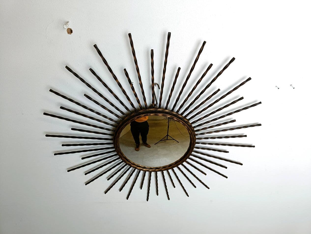 Sunburst mirror, gold metal, glass, France, 1970s. - 269580