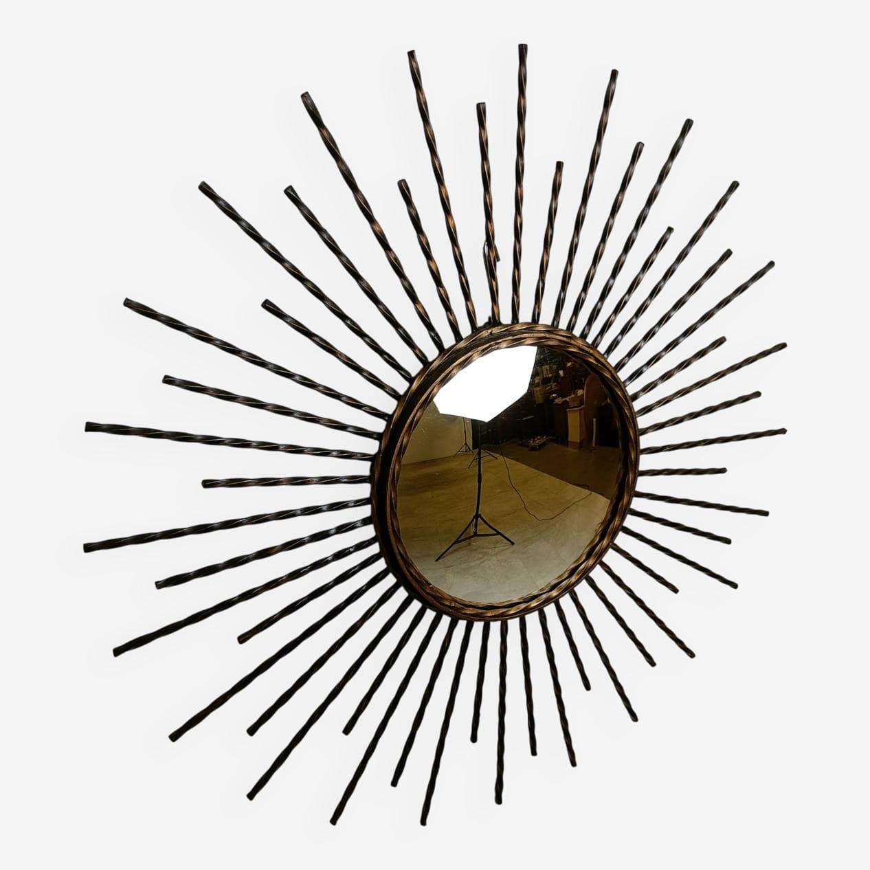 Sunburst mirror, gold metal, glass, France, 1970s. - 269576