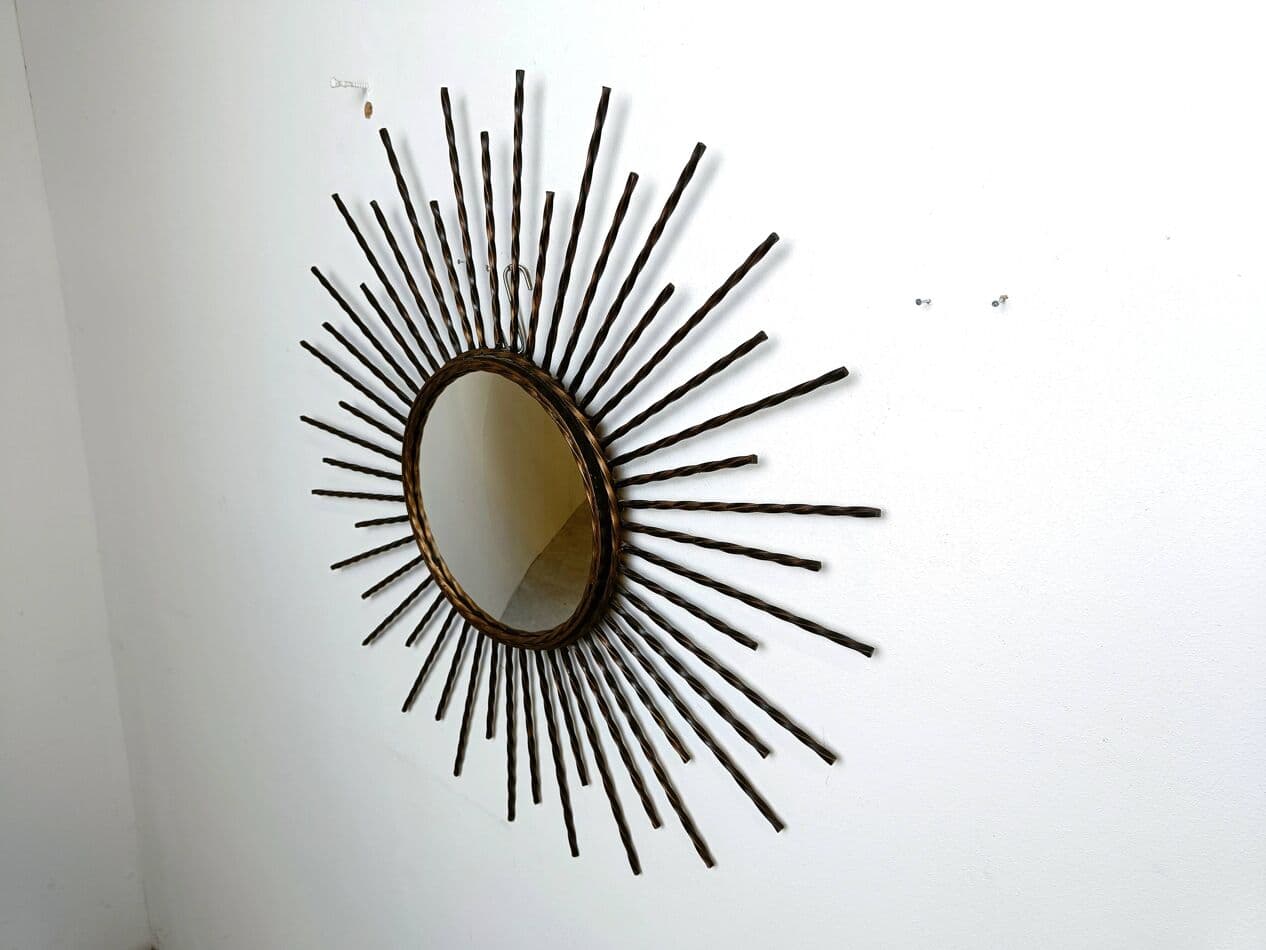 Sunburst mirror, gold metal, glass, France, 1970s. - 269585