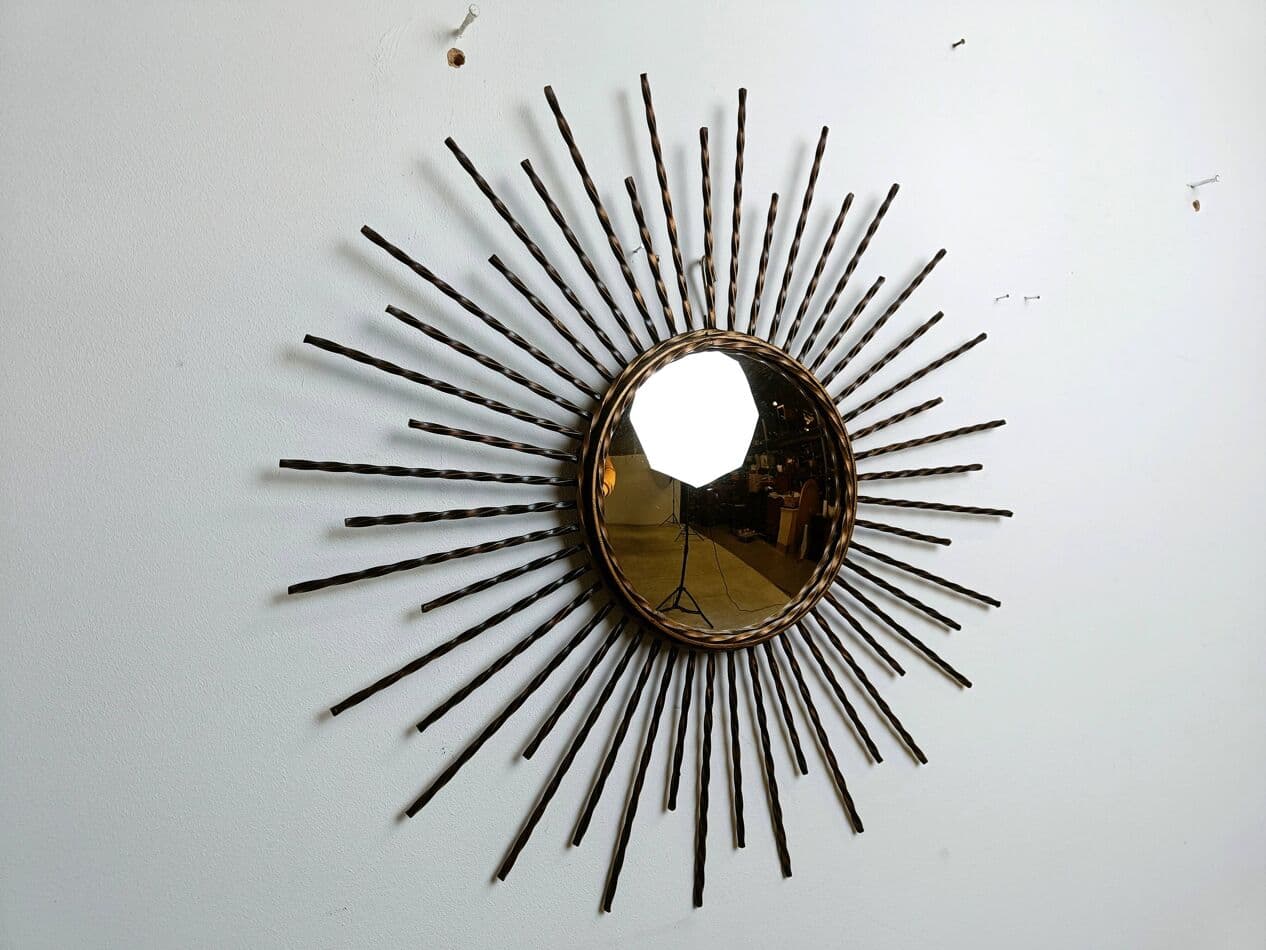 Sunburst mirror, gold metal, glass, France, 1970s. - 269579