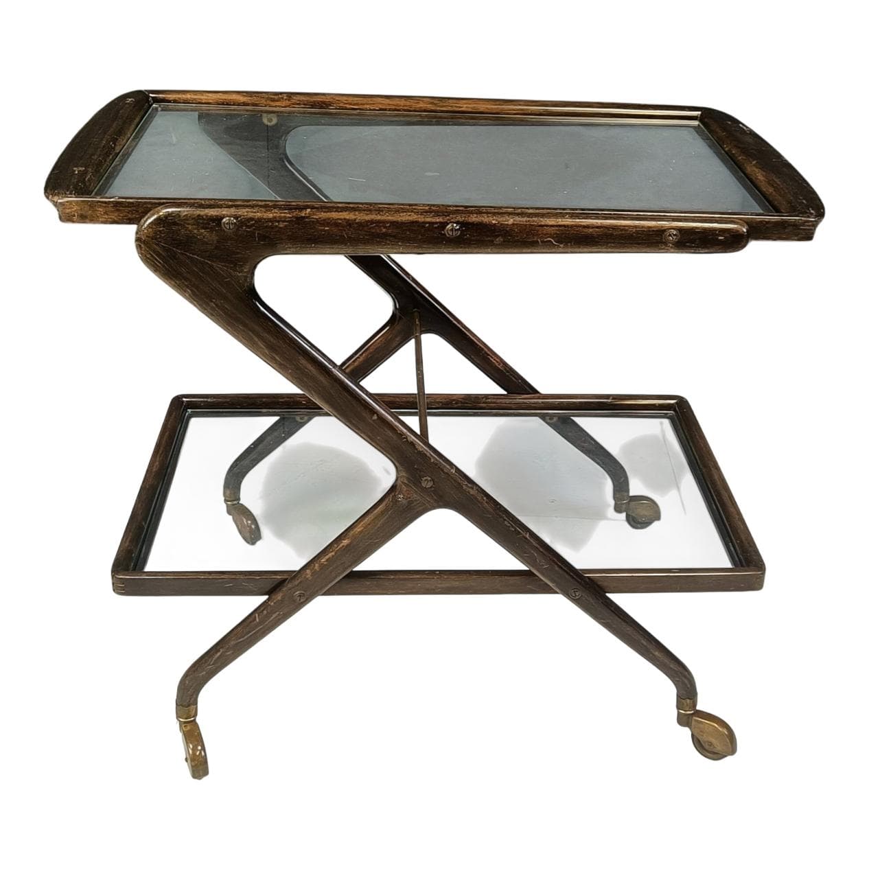 Bar cart, brown wood, glass, brass, Italy, 1950s.