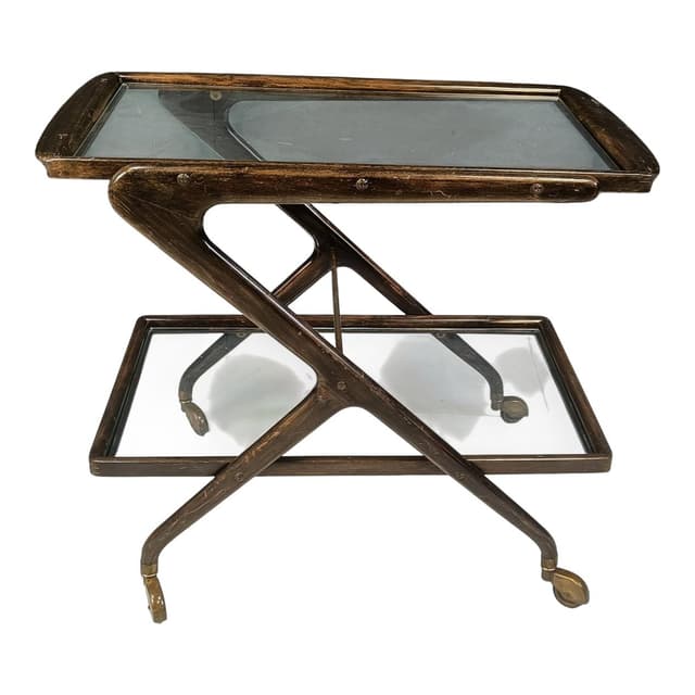 Bar cart, brown wood, glass, brass, Italy, 1950s. - DIMENSION