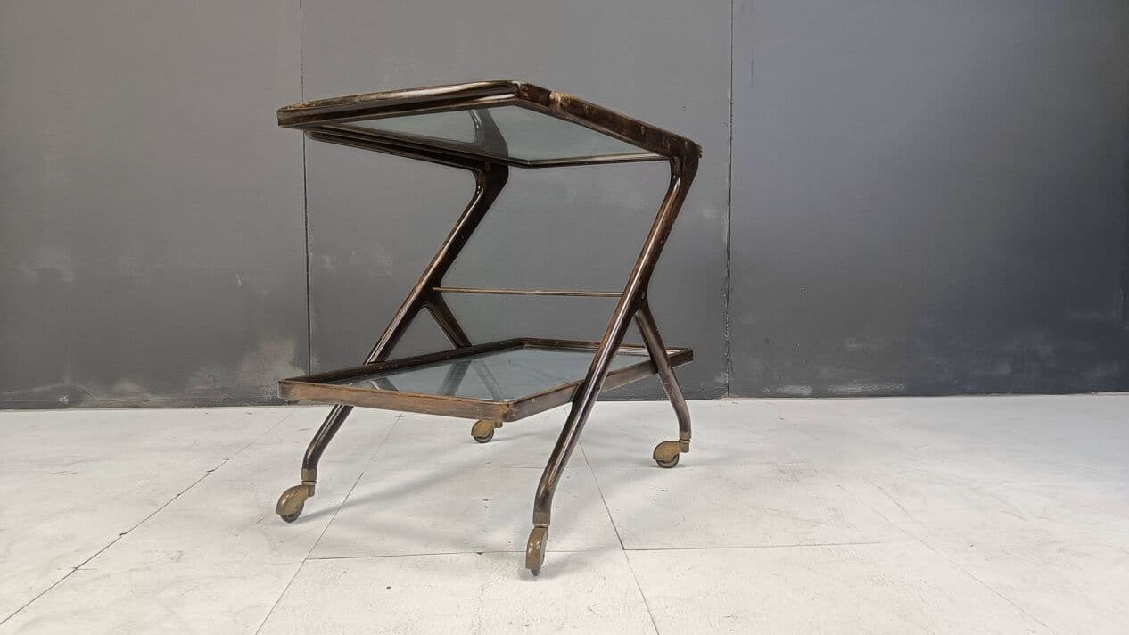 Bar cart, brown wood, glass, brass, Italy, 1950s. - 269560