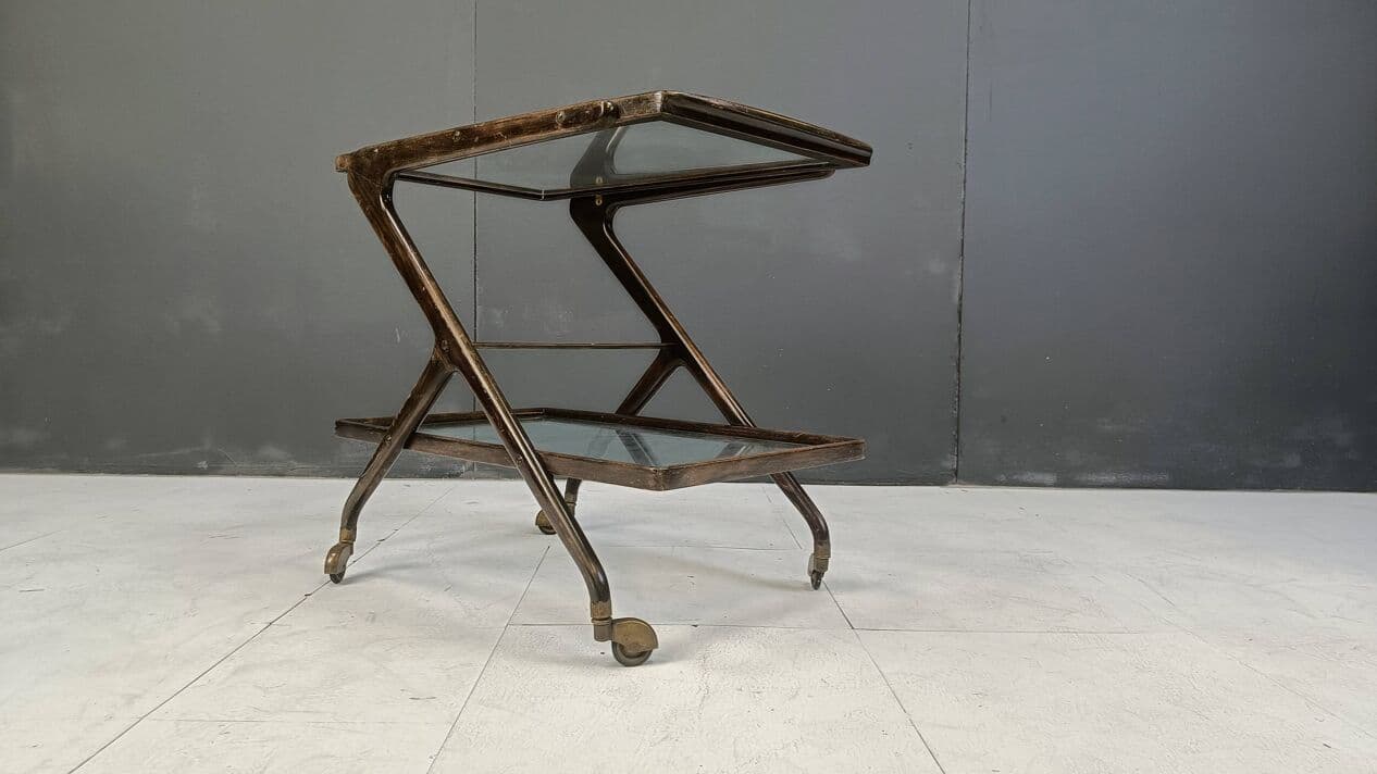 Bar cart, brown wood, glass, brass, Italy, 1950s. - 269557