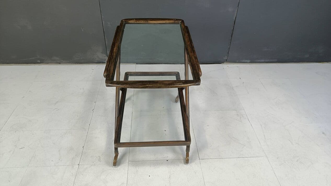 Bar cart, brown wood, glass, brass, Italy, 1950s. - 269558