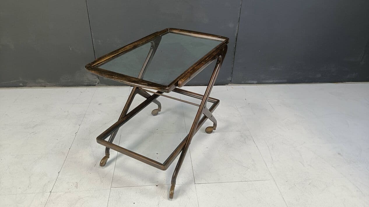 Bar cart, brown wood, glass, brass, Italy, 1950s. - 269559