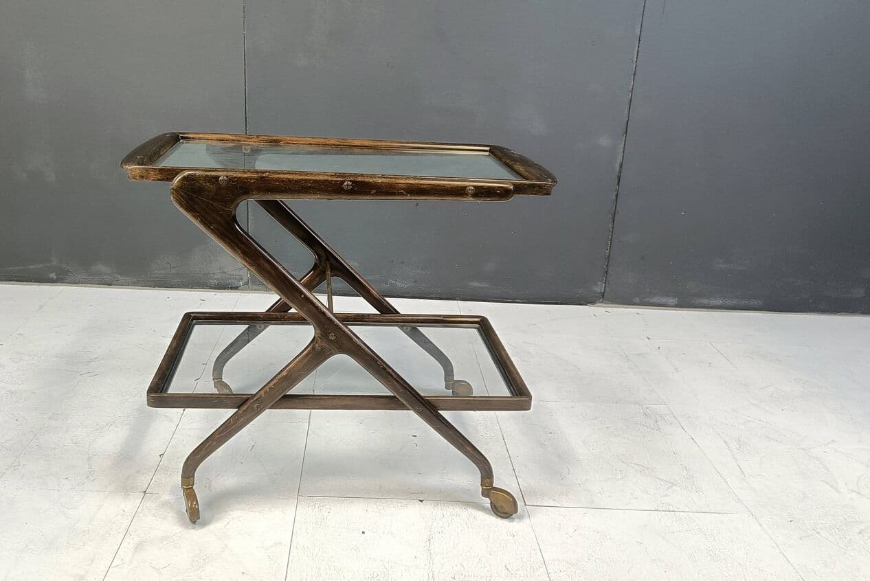 Bar cart, brown wood, glass, brass, Italy, 1950s. - 269552
