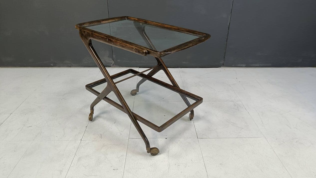 Bar cart, brown wood, glass, brass, Italy, 1950s. - 269556
