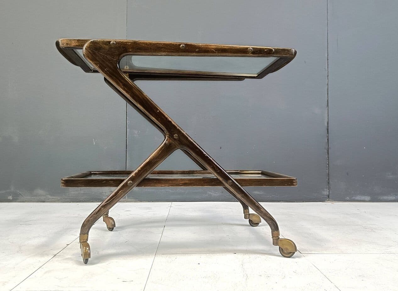 Bar cart, brown wood, glass, brass, Italy, 1950s. - 269555