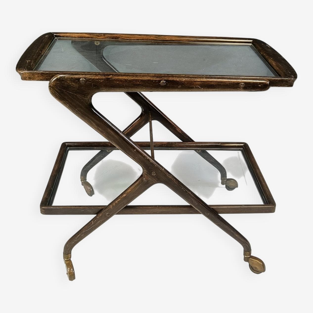 Bar cart, brown wood, glass, brass, Italy, 1950s. - 269553