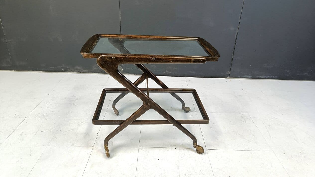 Bar cart, brown wood, glass, brass, Italy, 1950s. - 269561