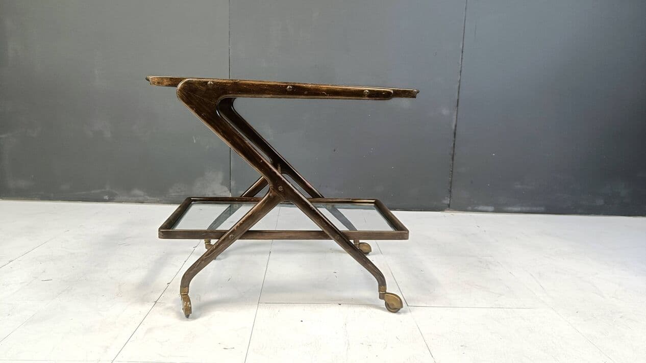 Bar cart, brown wood, glass, brass, Italy, 1950s. - 269554