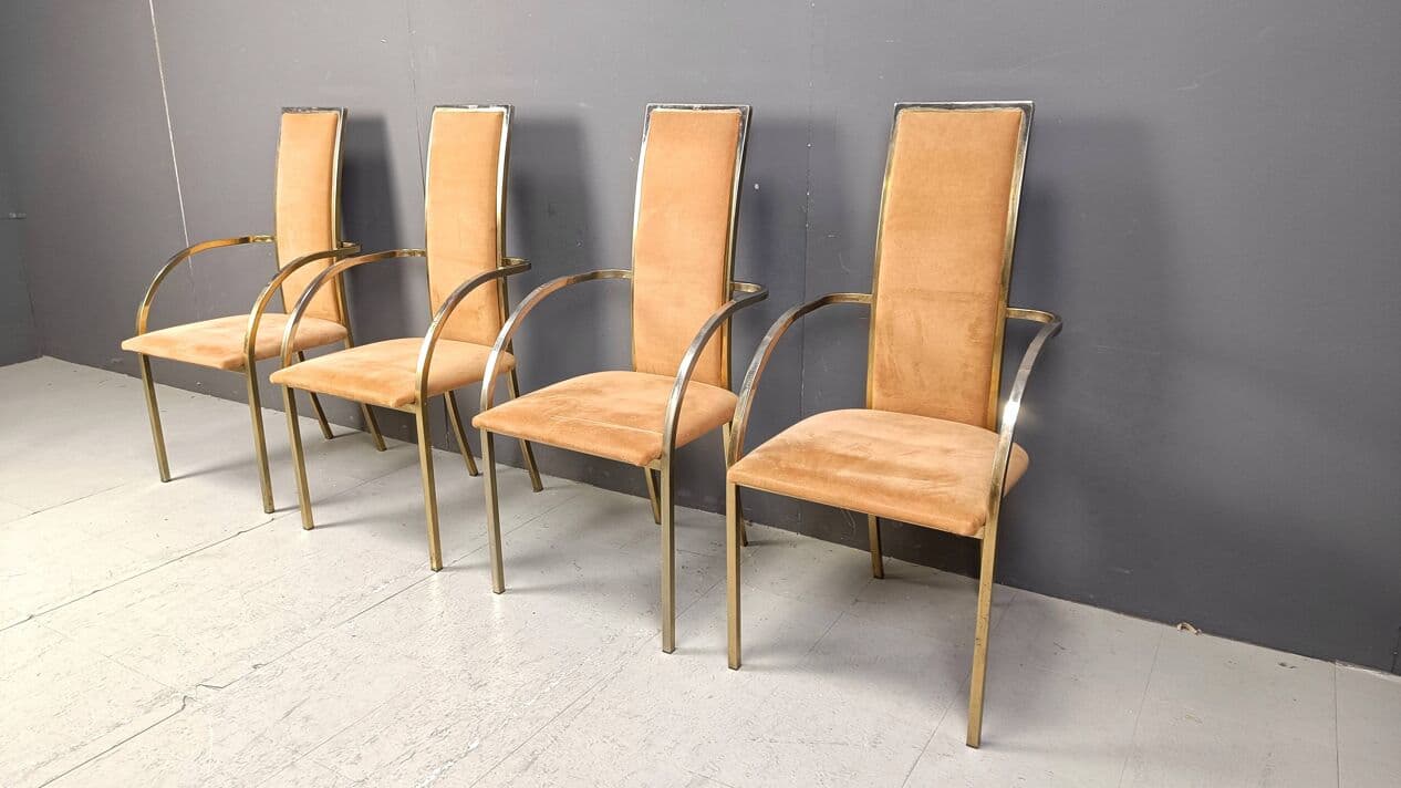 Set of Four Dining Chairs, brown alcantara, golden brass, Belgochrom, Belgium, 1970s. - 269533