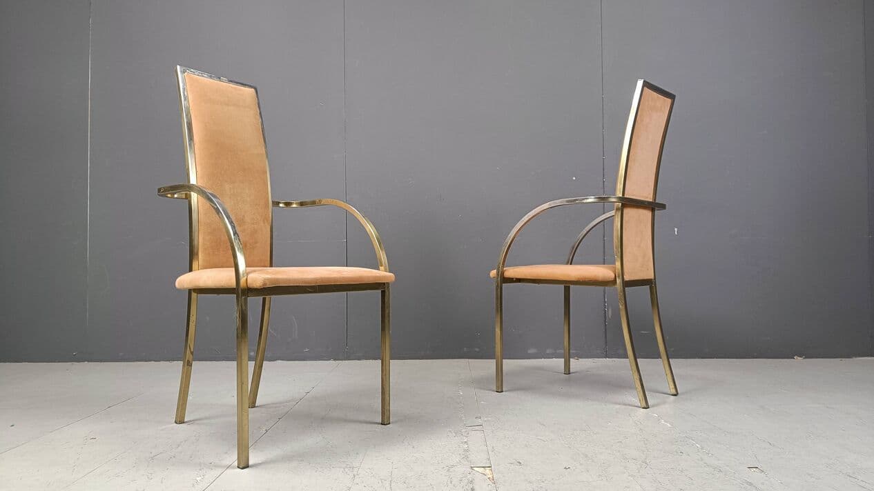 Set of Four Dining Chairs, brown alcantara, golden brass, Belgochrom, Belgium, 1970s. - 269536