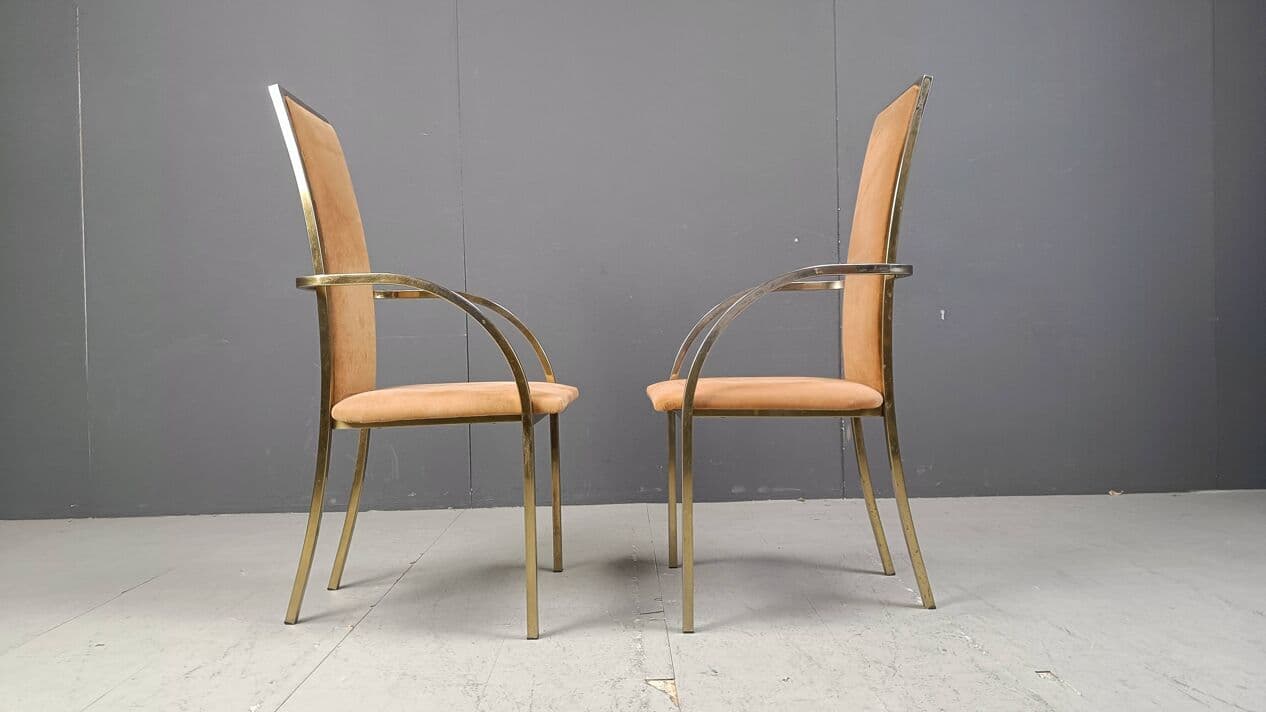 Set of Four Dining Chairs, brown alcantara, golden brass, Belgochrom, Belgium, 1970s. - 269537