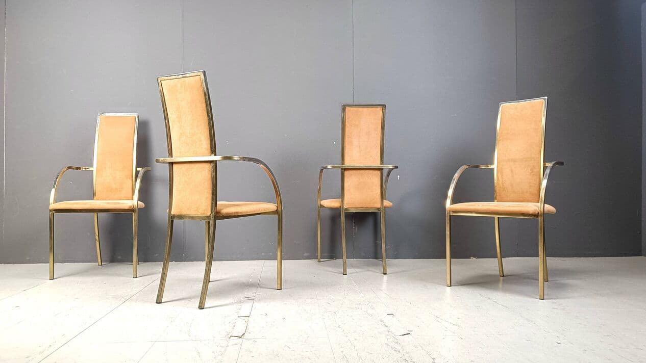 Set of Four Dining Chairs, brown alcantara, golden brass, Belgochrom, Belgium, 1970s. - 269535