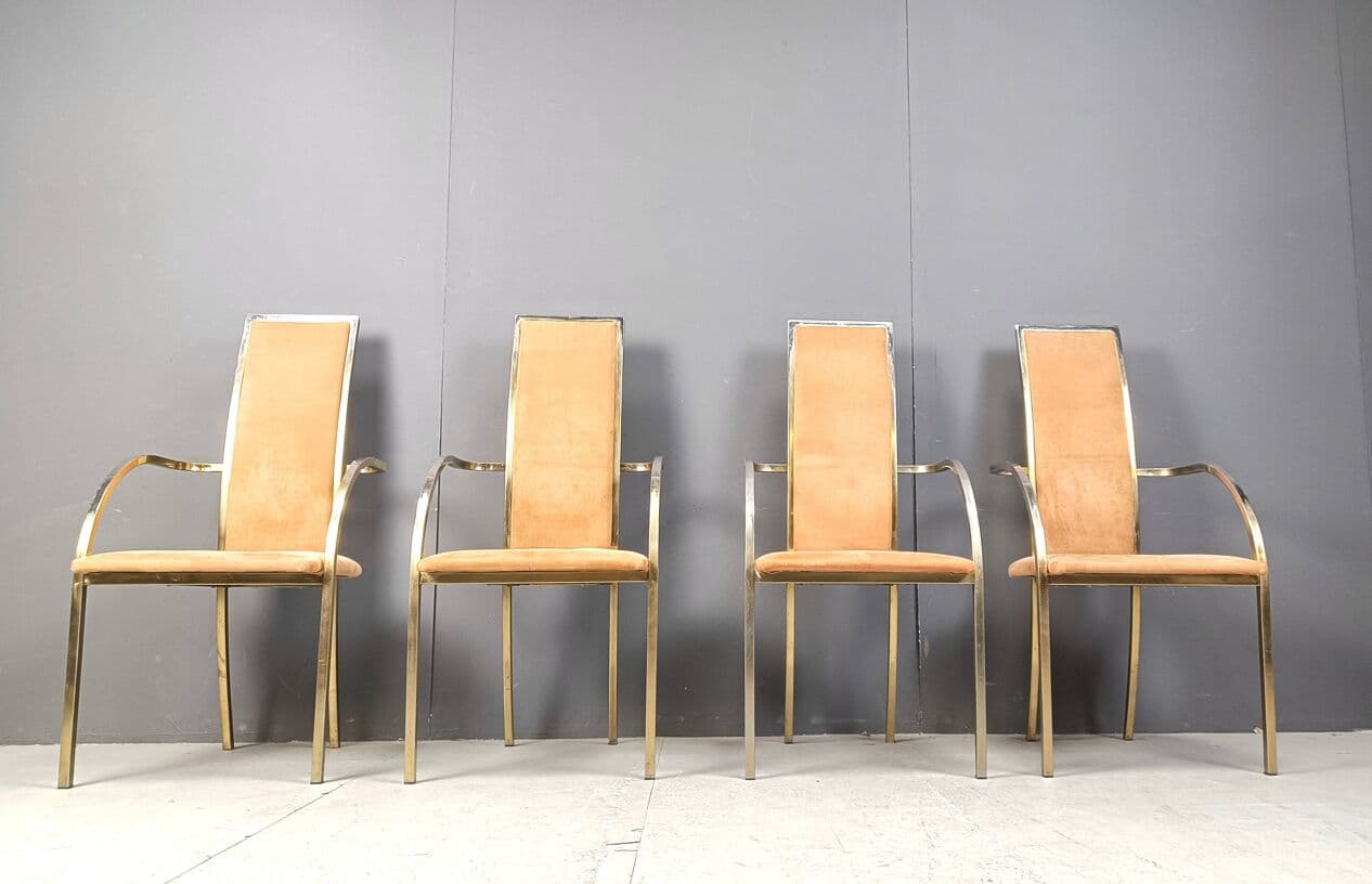 Set of Four Dining Chairs, brown alcantara, golden brass, Belgochrom, Belgium, 1970s. - 269532