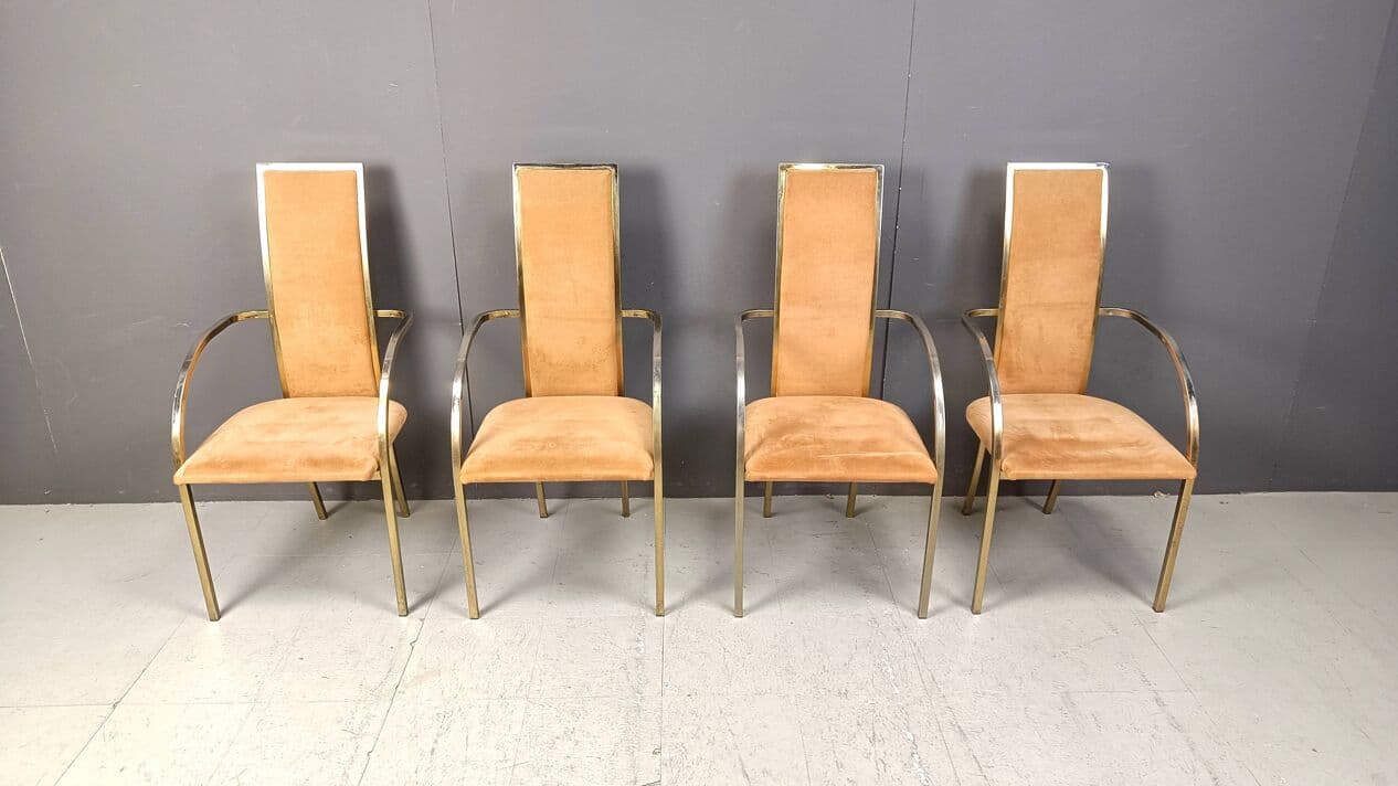 Set of Four Dining Chairs, brown alcantara, golden brass, Belgochrom, Belgium, 1970s. - 269530