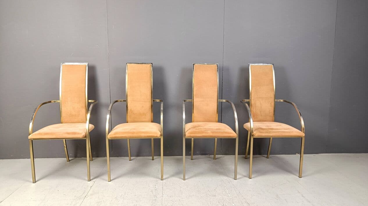 Set of Four Dining Chairs, brown alcantara, golden brass, Belgochrom, Belgium, 1970s. - 269529