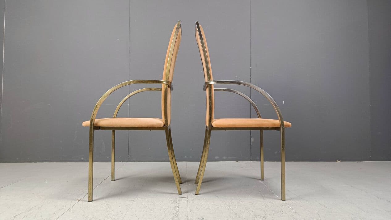 Set of Four Dining Chairs, brown alcantara, golden brass, Belgochrom, Belgium, 1970s. - 269539