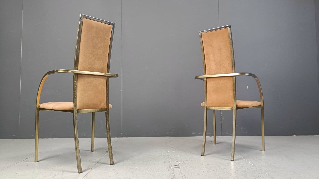 Set of Four Dining Chairs, brown alcantara, golden brass, Belgochrom, Belgium, 1970s. - 269538