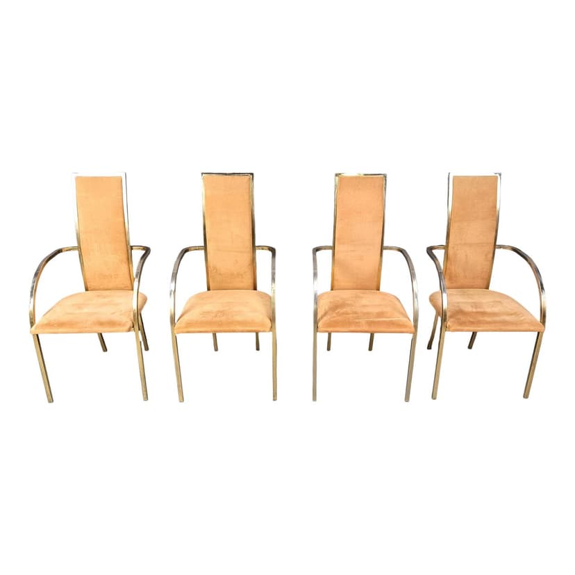 Set of Four Dining Chairs, brown alcantara, golden brass, Belgochrom, Belgium, 1970s.