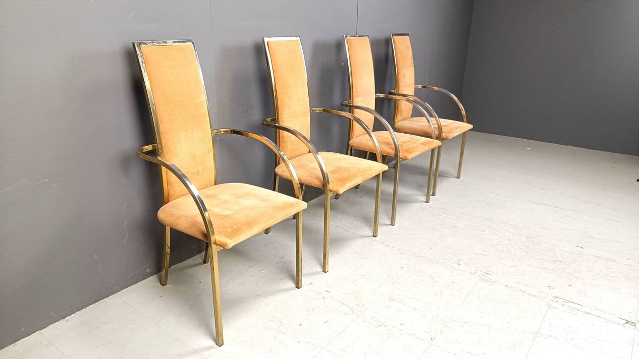 Set of Four Dining Chairs, brown alcantara, golden brass, Belgochrom, Belgium, 1970s. - 269534