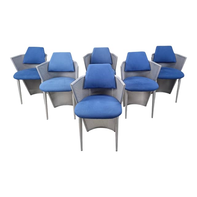 Zestaw sześciu krzeseł z podłokietnikami postmodernistycznych, tkanina niebieska, stal, Belgia, lata 80. - WYMIARY