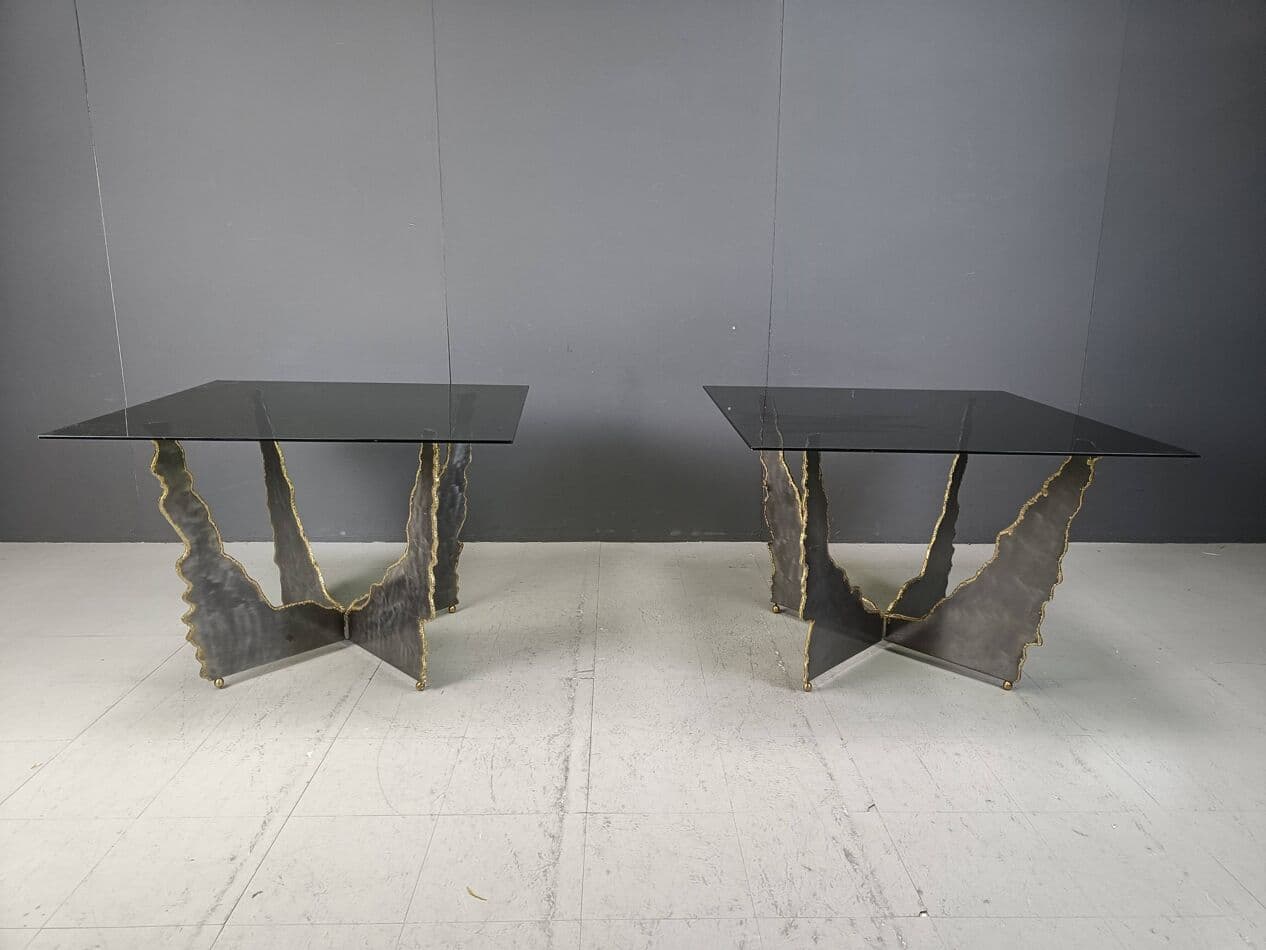 Para stolików kawowych brutalistycznych, stal grafitowa, szkło przyciemniane, Belgia, lata 70. - 269489