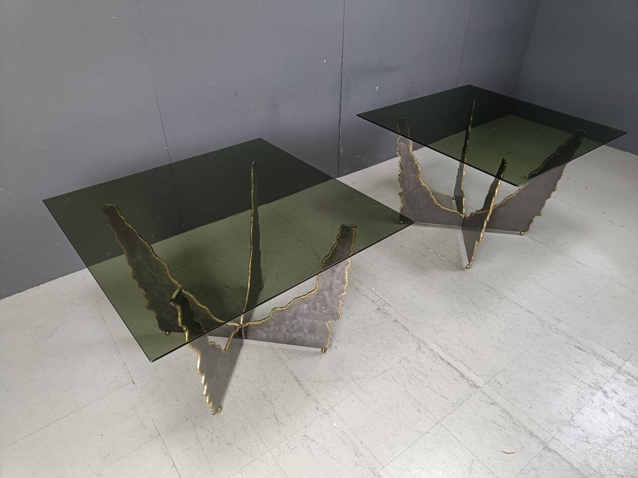 Para stolików kawowych brutalistycznych, stal grafitowa, szkło przyciemniane, Belgia, lata 70. - 269493