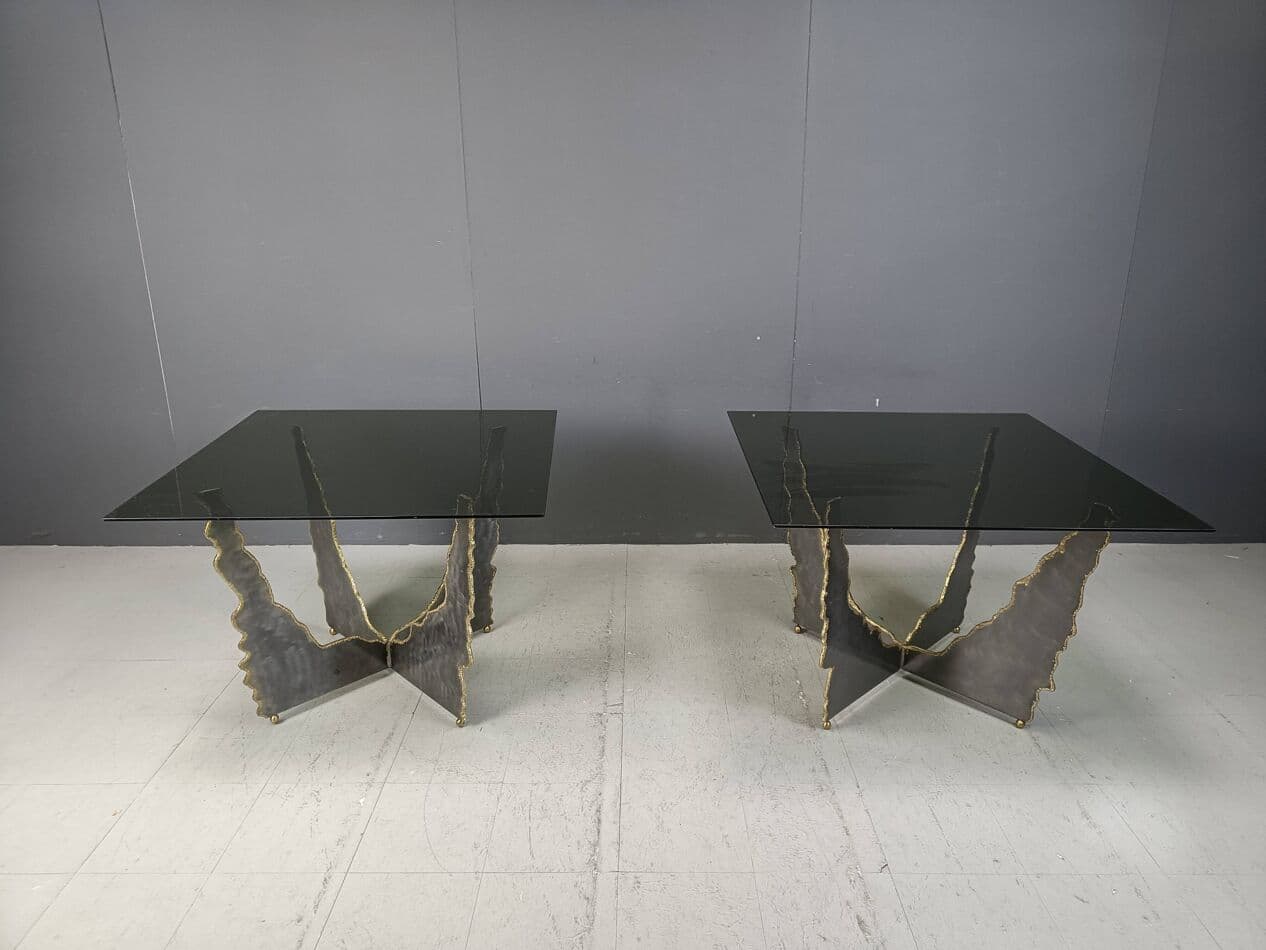 Para stolików kawowych brutalistycznych, stal grafitowa, szkło przyciemniane, Belgia, lata 70. - 269488