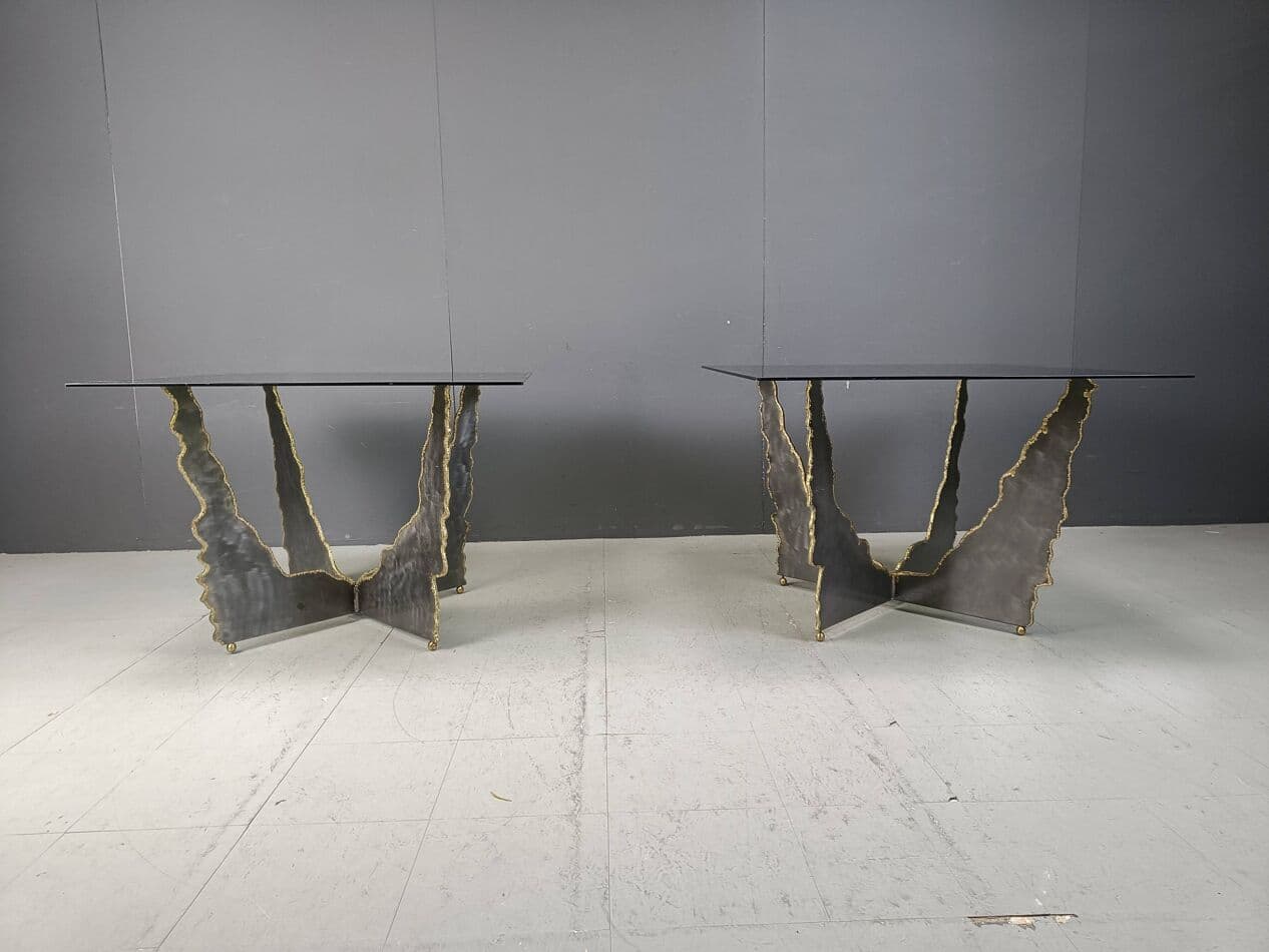 Para stolików kawowych brutalistycznych, stal grafitowa, szkło przyciemniane, Belgia, lata 70. - 269490