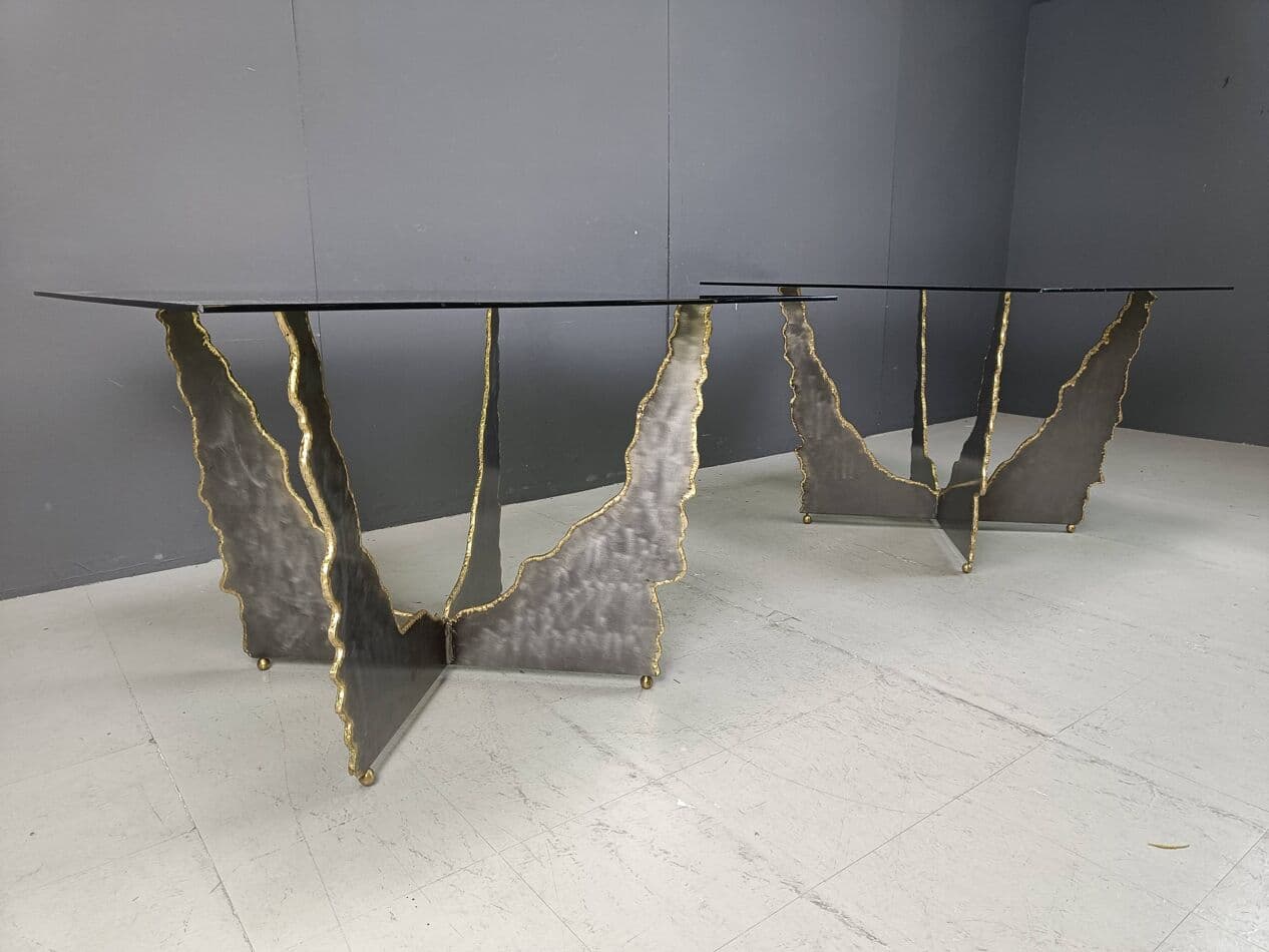 Para stolików kawowych brutalistycznych, stal grafitowa, szkło przyciemniane, Belgia, lata 70. - 269494