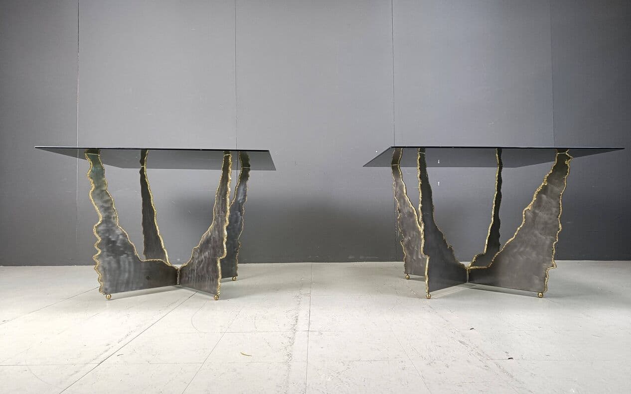 Para stolików kawowych brutalistycznych, stal grafitowa, szkło przyciemniane, Belgia, lata 70. - 269491