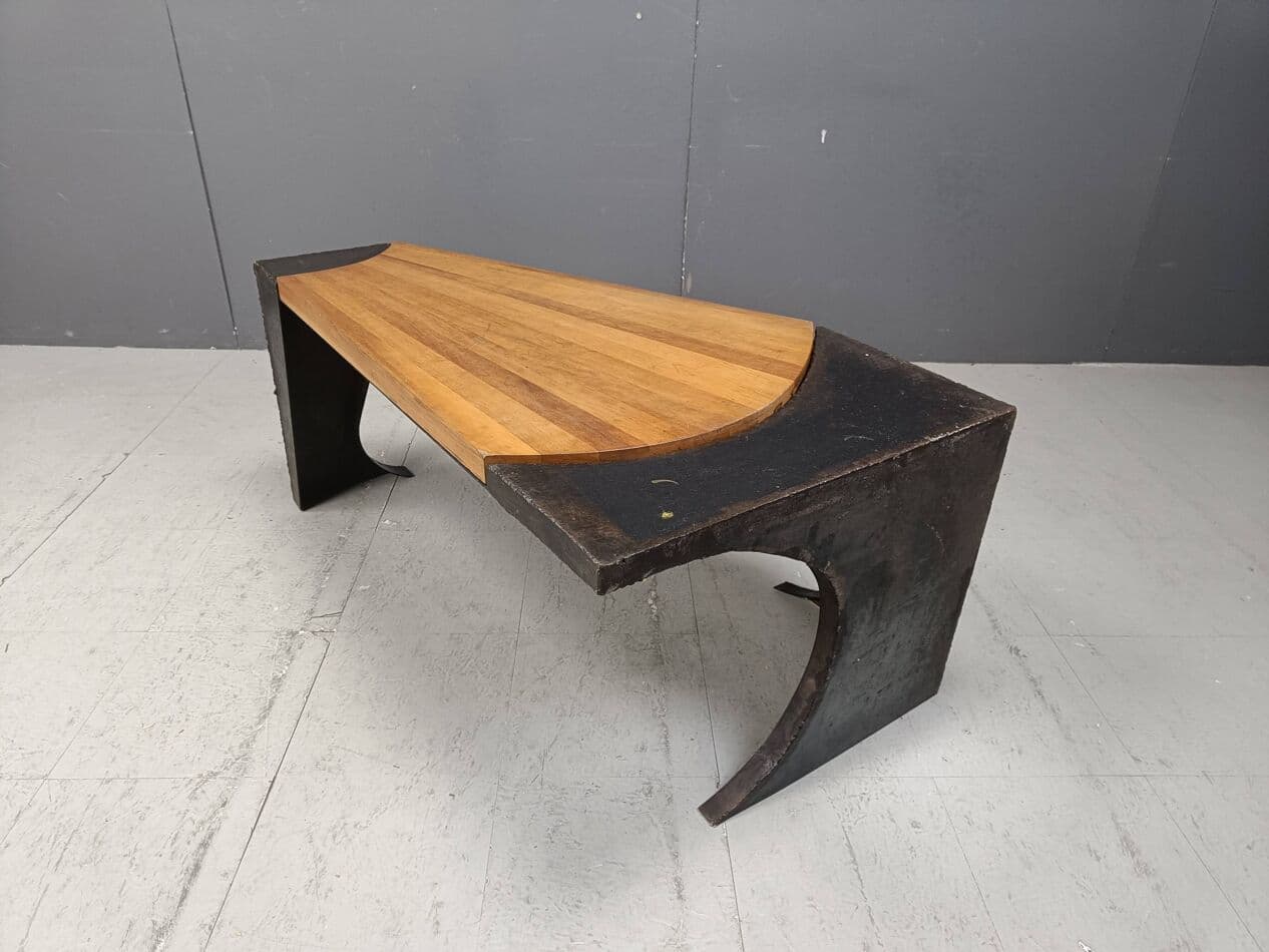 Coffee table Brutalist, grey steel, wood, Netherlands, 1970s. - 269482