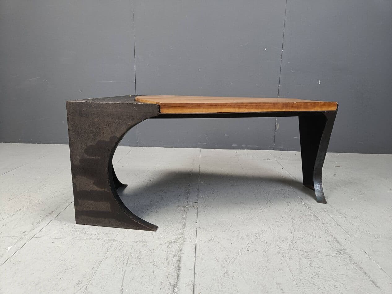 Coffee table Brutalist, grey steel, wood, Netherlands, 1970s. - 269477
