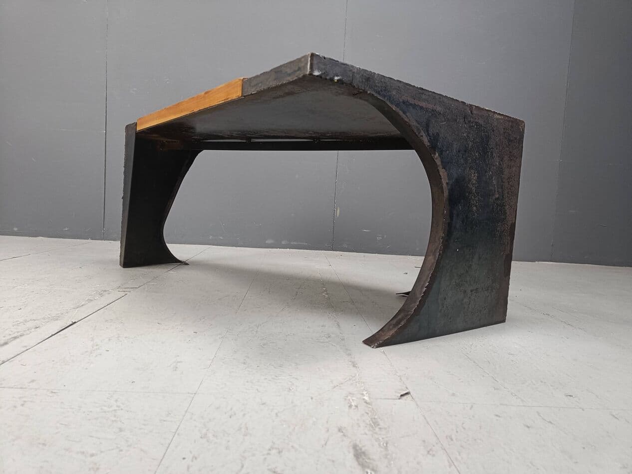 Coffee table Brutalist, grey steel, wood, Netherlands, 1970s. - 269483