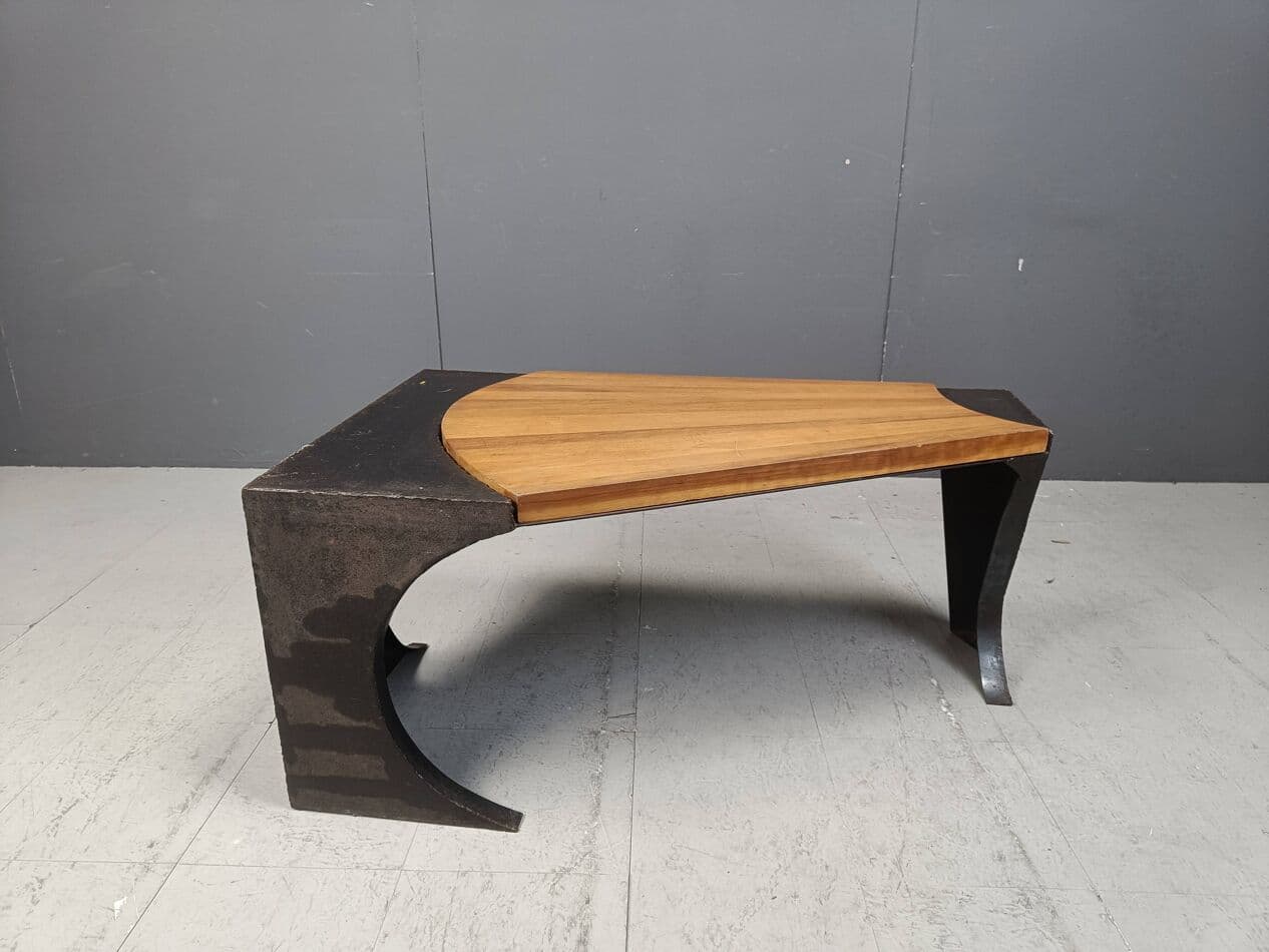 Coffee table Brutalist, grey steel, wood, Netherlands, 1970s. - 269475