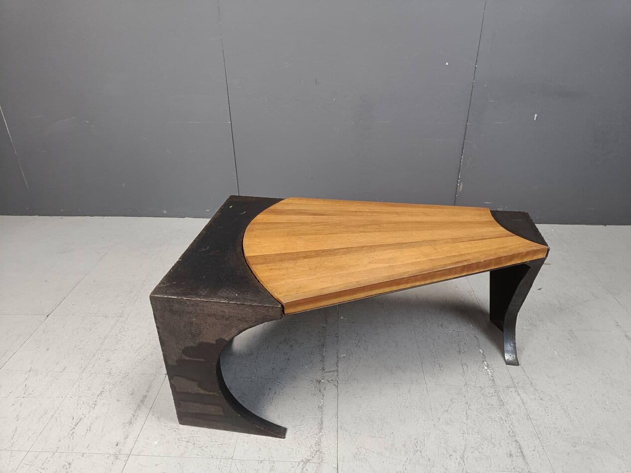 Coffee table Brutalist, grey steel, wood, Netherlands, 1970s. - 269484