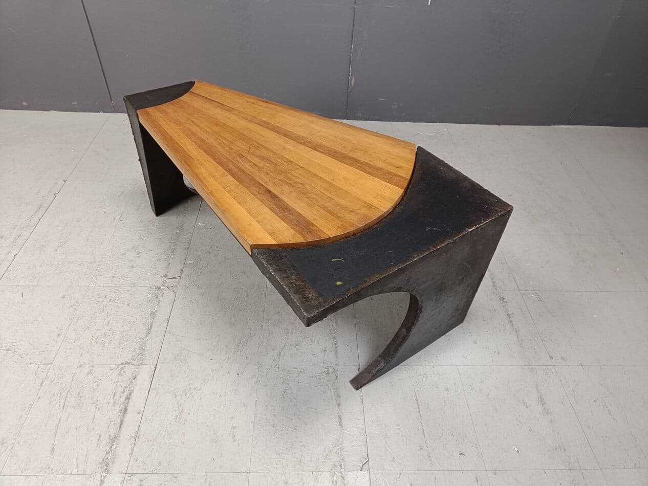 Coffee table Brutalist, grey steel, wood, Netherlands, 1970s. - 269481