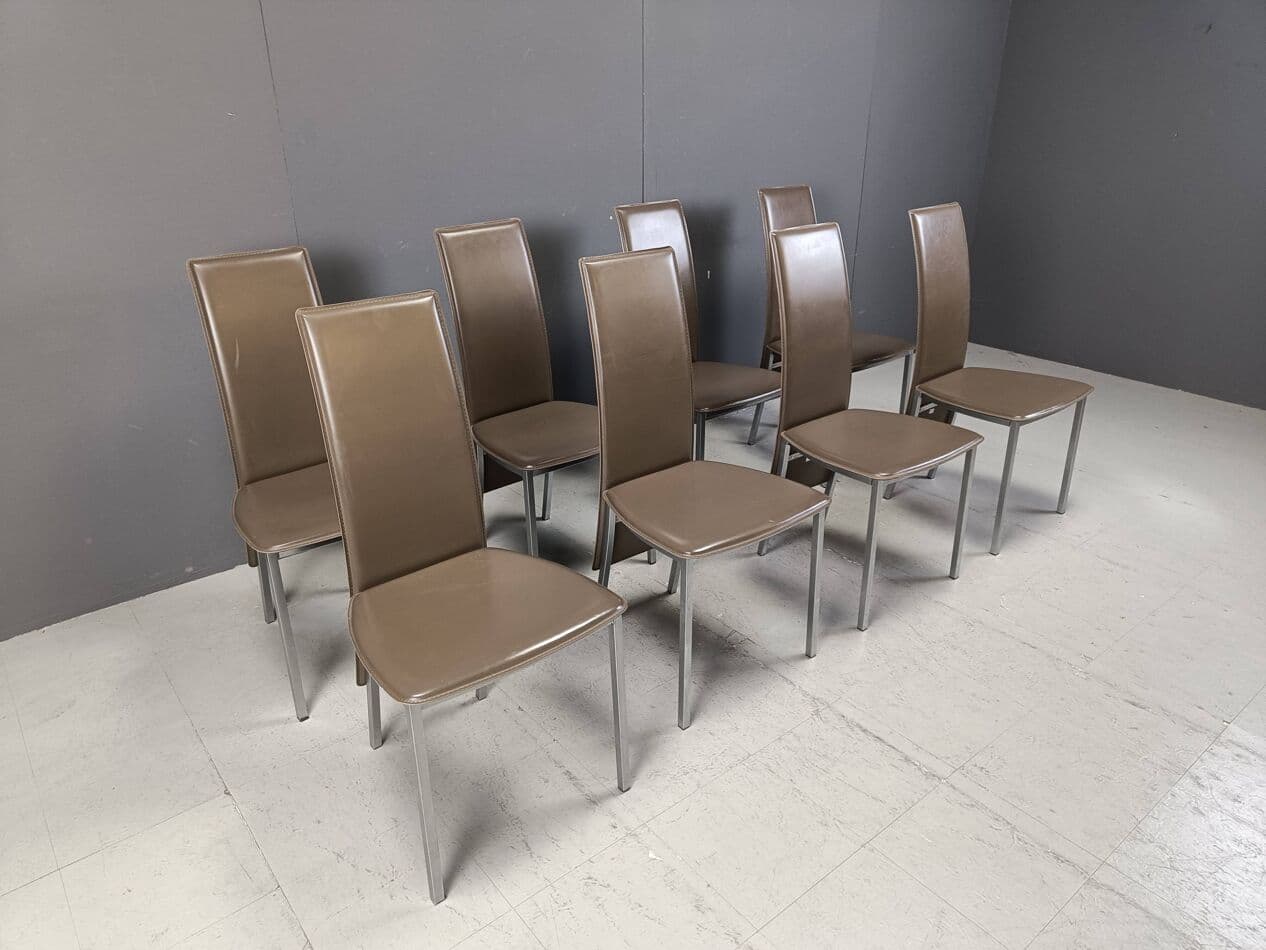 Set of eight dining chairs, grey leather, chrome, Belgium, 1980s. - 269469
