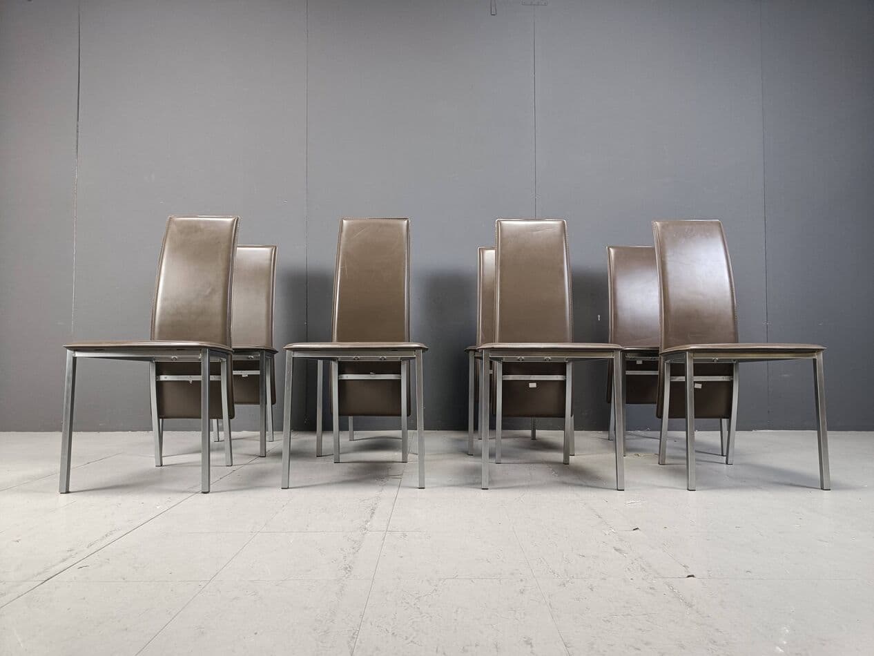 Set of eight dining chairs, grey leather, chrome, Belgium, 1980s. - 269467